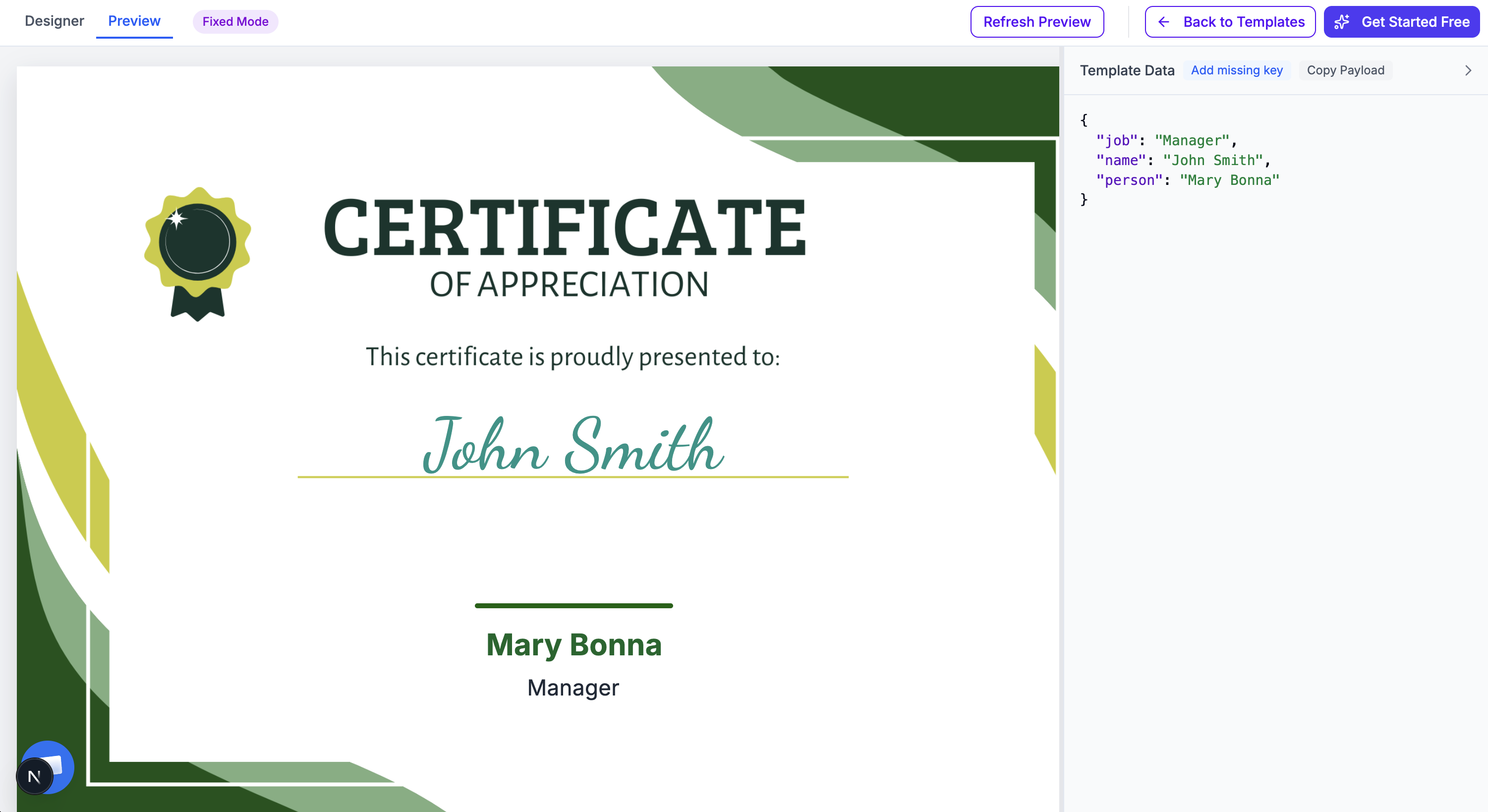 Certificate of Appreciation preview with sample data — John Smith as recipient, Mary Bonna as signer