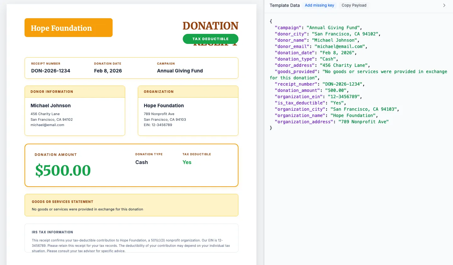 Preview tab with JSON data showing donation fields like donor_name, donation_amount, organization_ein, and goods_provided statement