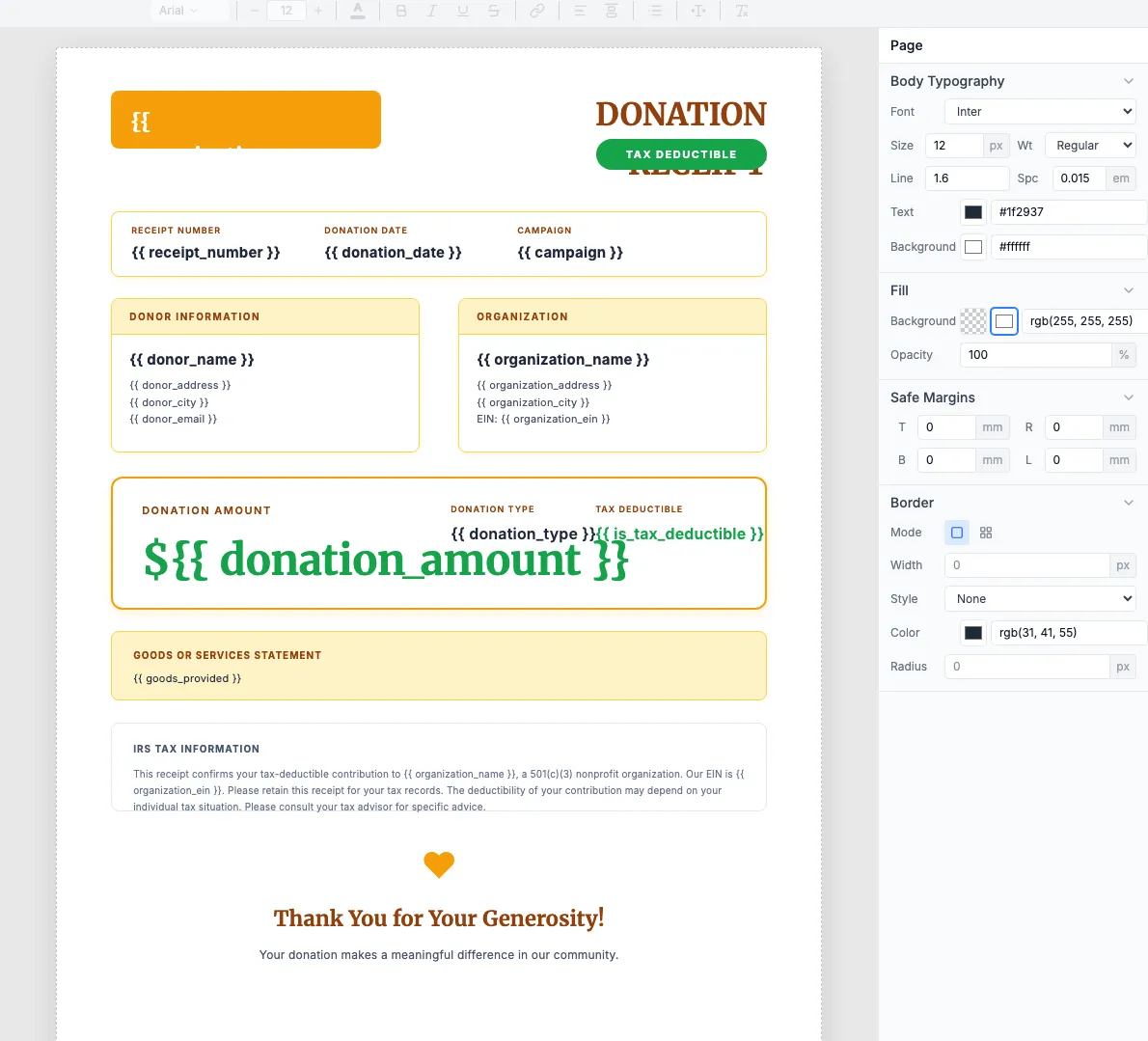 Donation receipt template in the visual editor showing nonprofit fields like donor info, organization EIN, and tax-deductible statement
