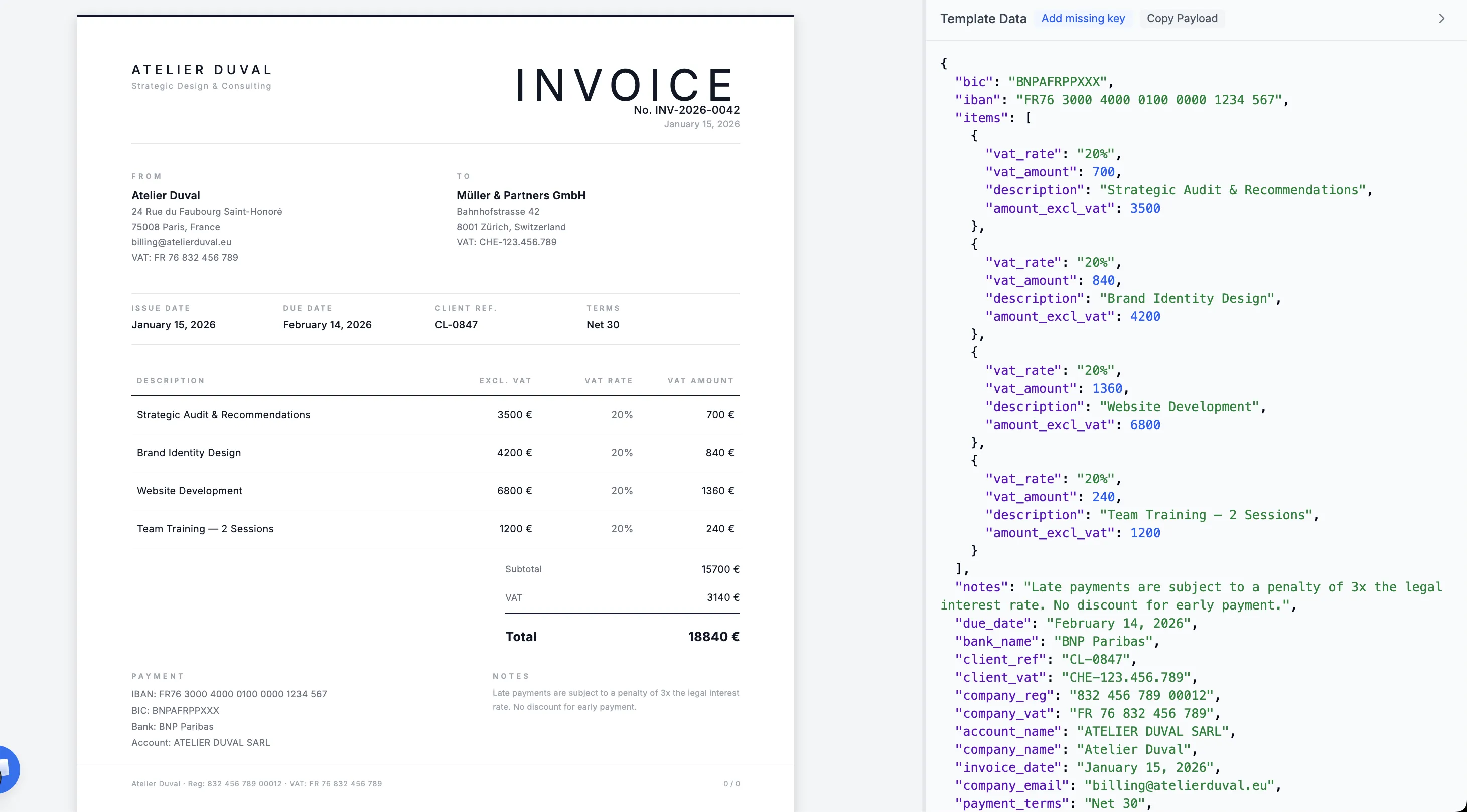 Invoice template preview with JSON data panel showing real-time rendering