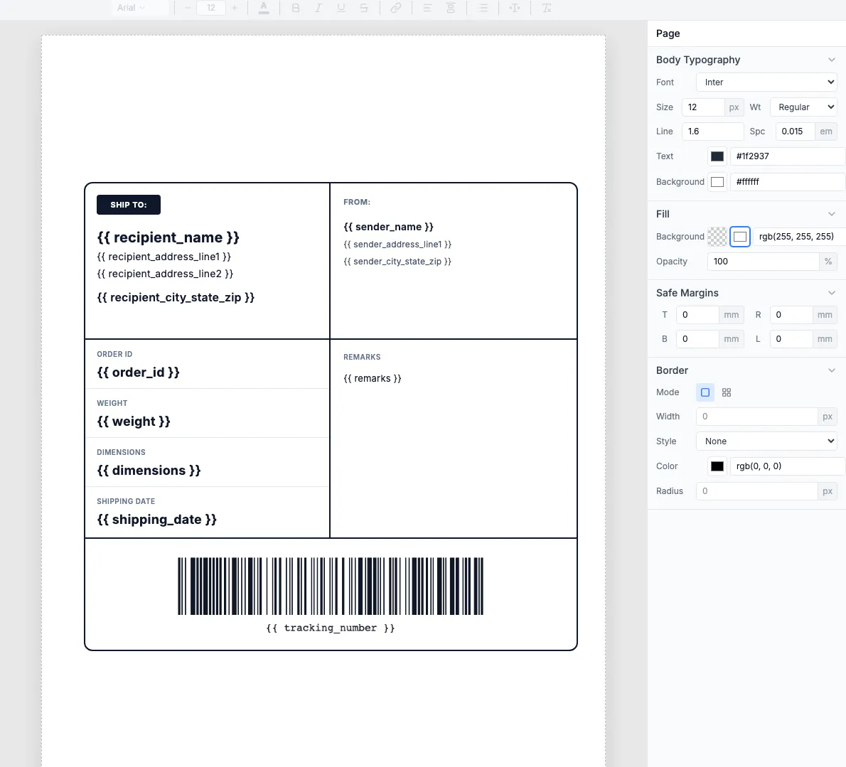 US Letter shipping label template in the visual editor showing dynamic fields and barcode