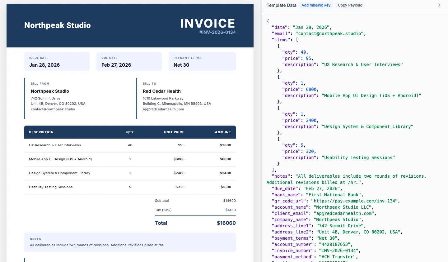 Invoice template preview with sample data in TemplateFox editor