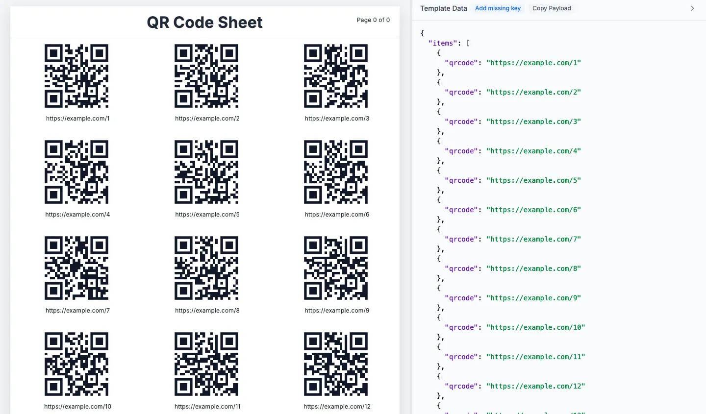 QR Code Sheet preview with generated labels