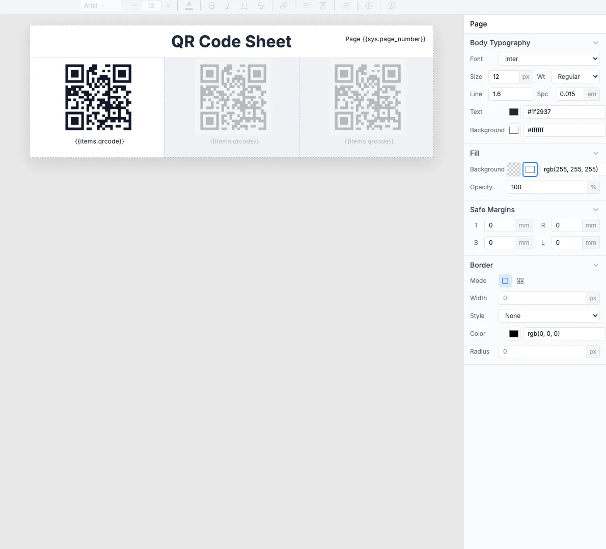 QR Code Sheet template in the visual editor