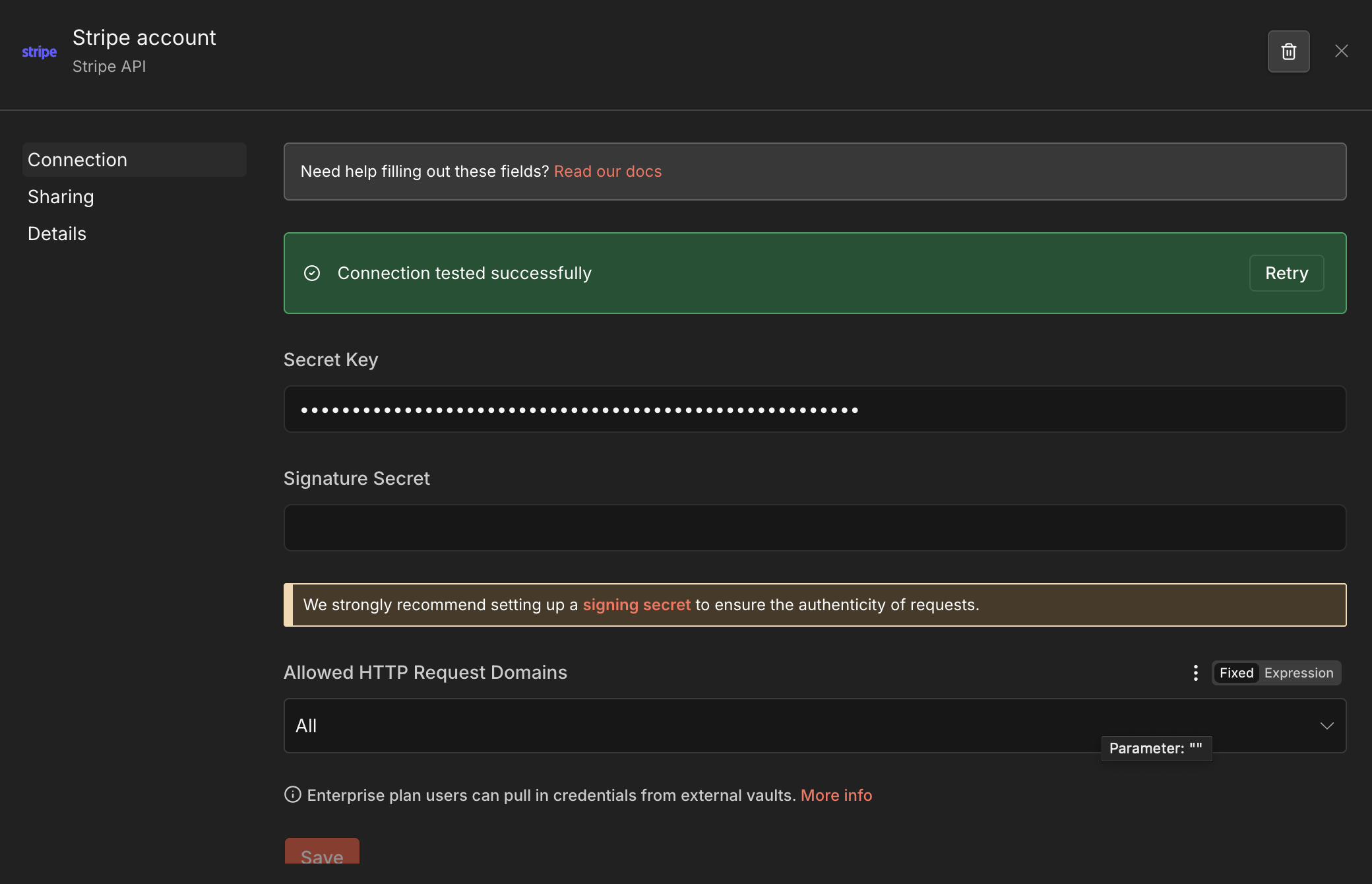 Stripe API credentials configured in n8n with connection tested successfully