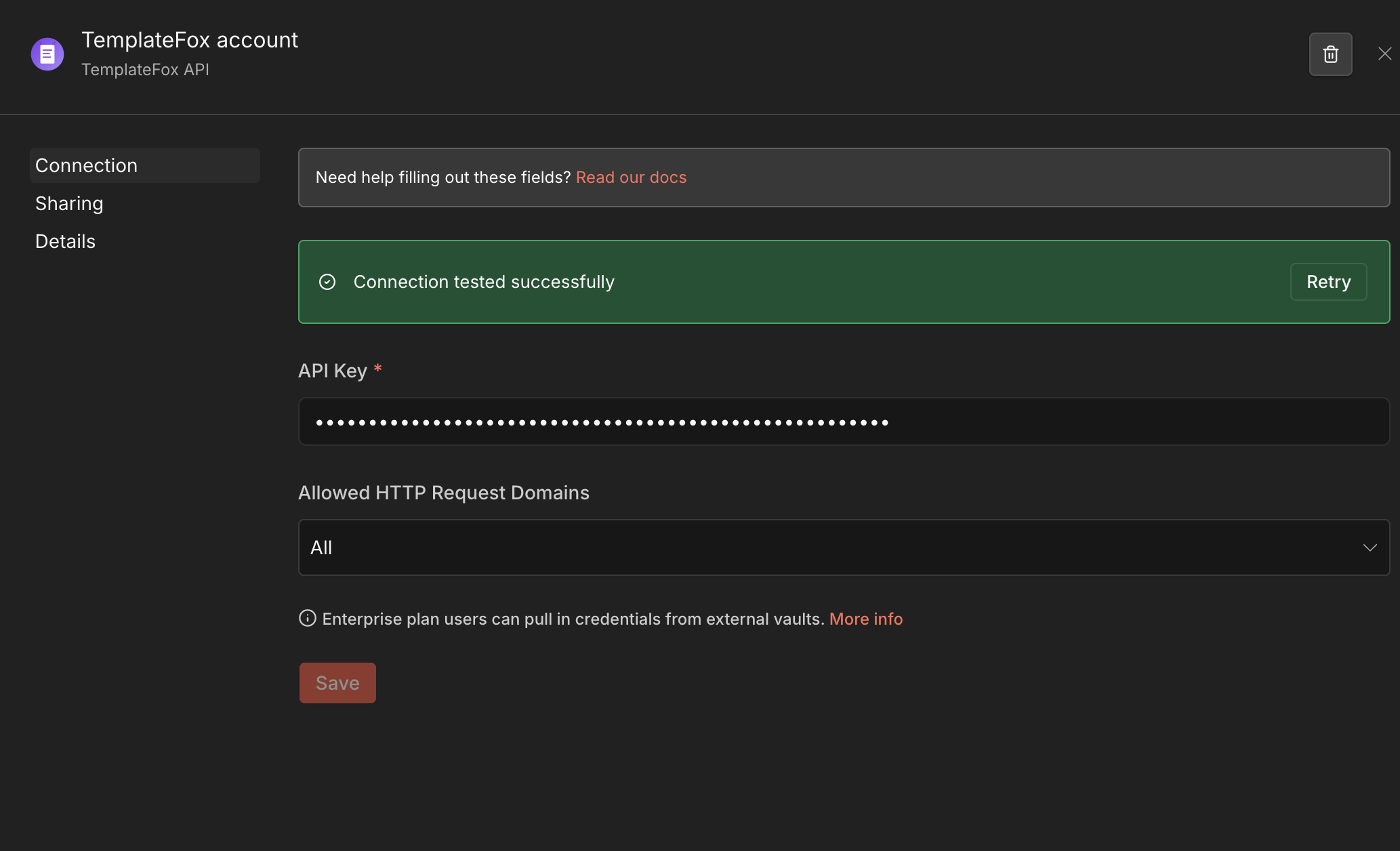TemplateFox API credentials configured in n8n with connection tested successfully