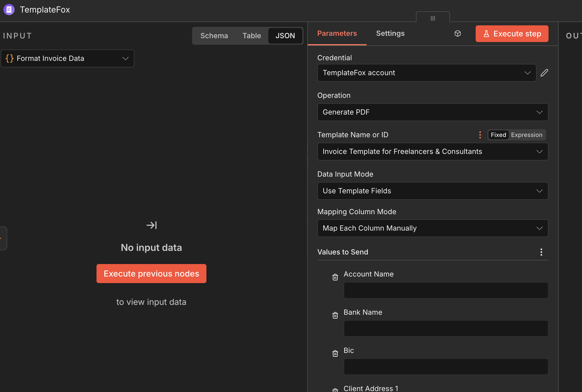 TemplateFox node showing template fields loaded automatically after selecting a template