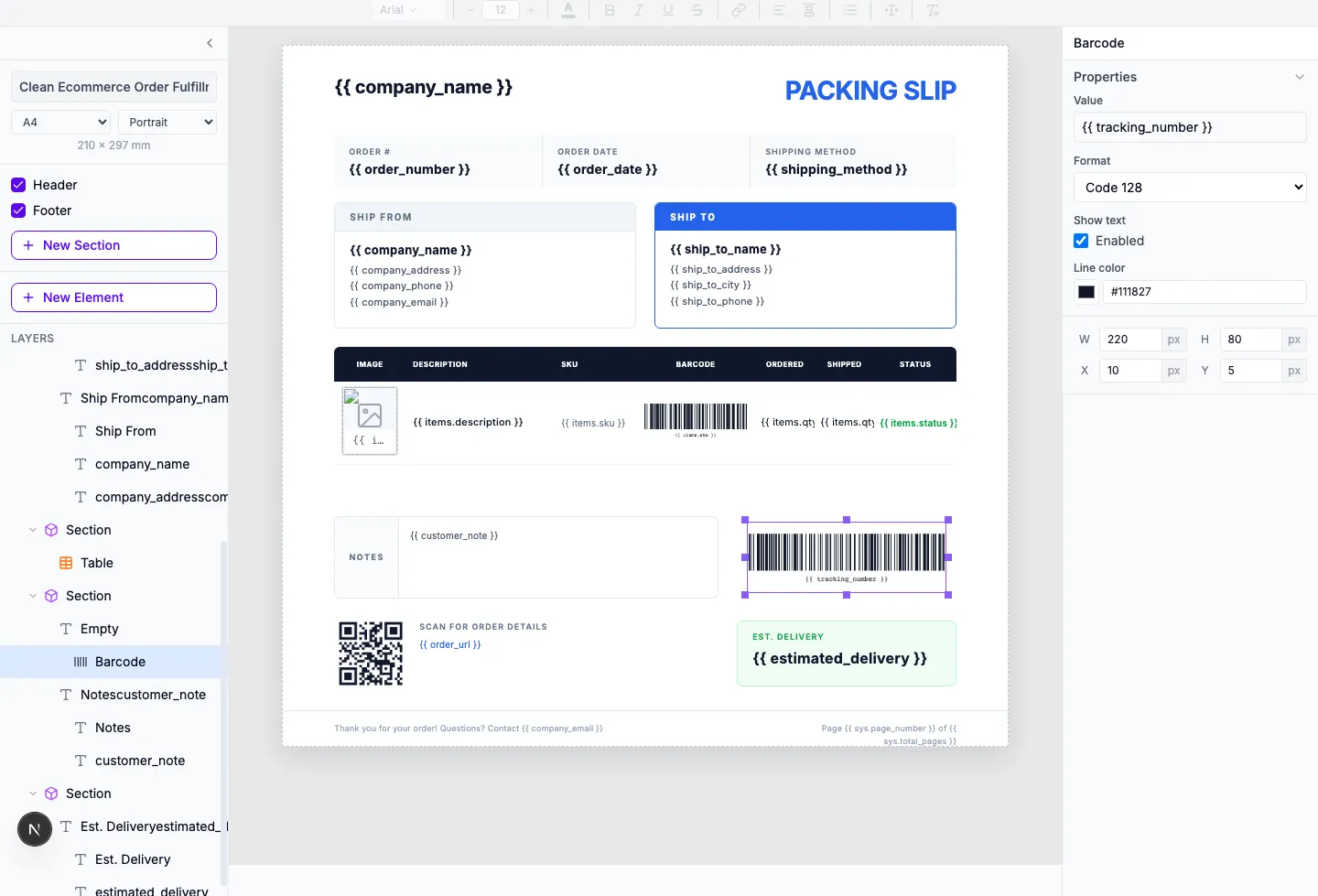 Template editor showing barcode and QR code with properties panel - click any code to edit its Value, Format, and Show text options
