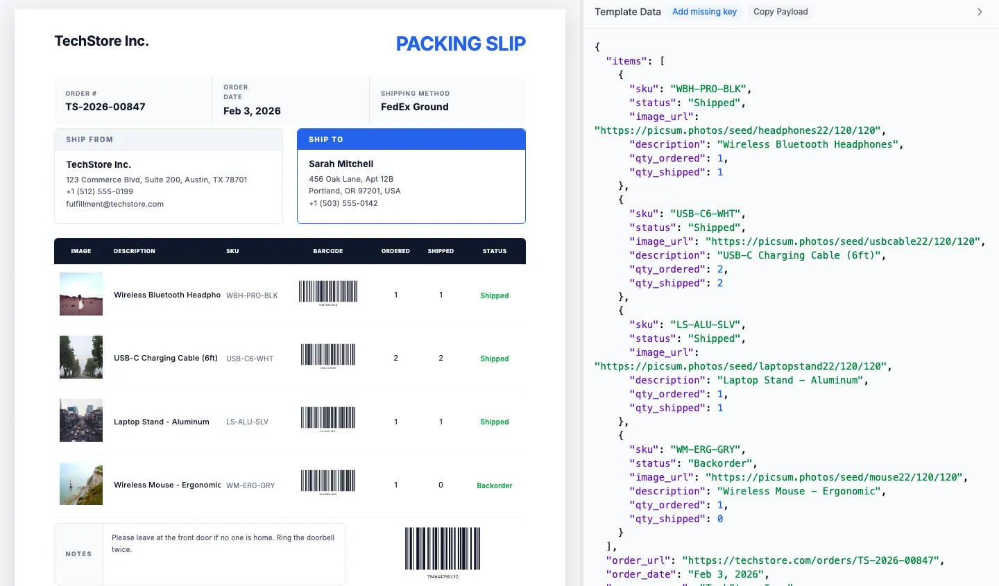 Packing slip preview tab with JSON data panel showing real-time rendering