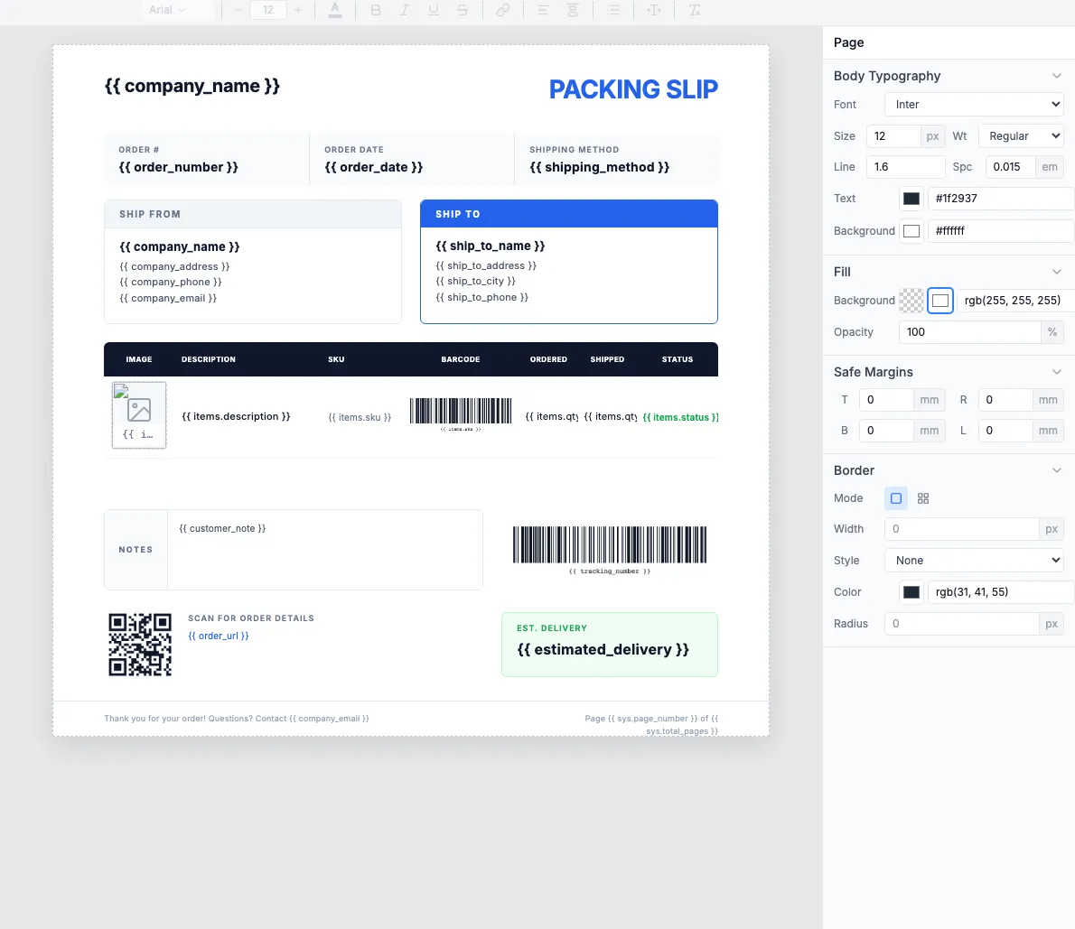 Packing slip template in the visual editor showing line items table and dynamic fields