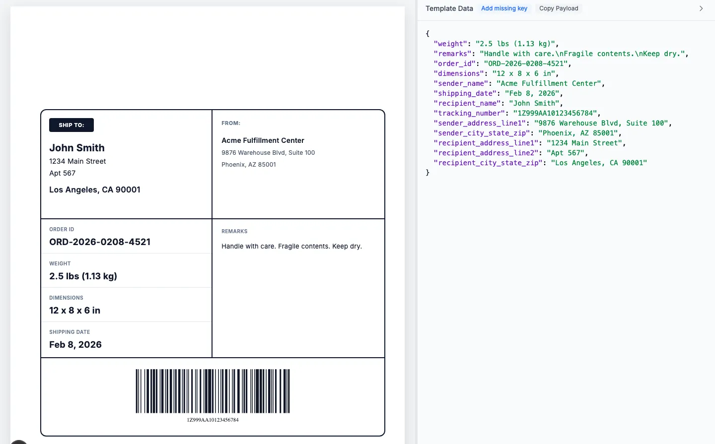 Shipping label template preview with JSON data panel showing real-time rendering