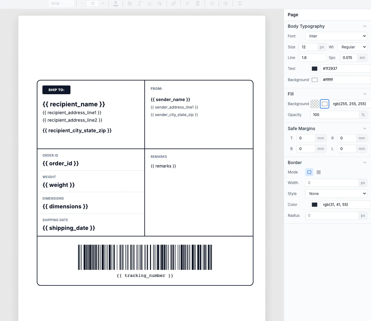Shipping label template in the visual editor showing dynamic fields and barcode component