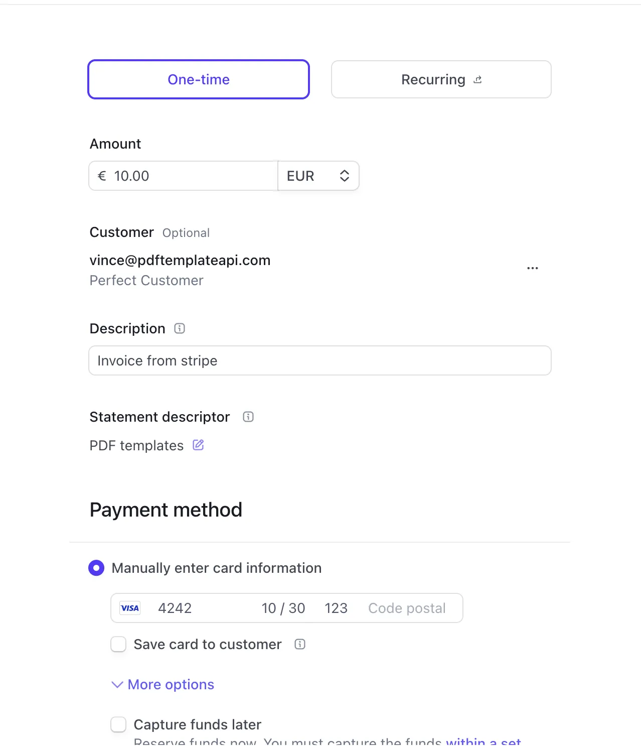 Creating a test payment in Stripe Dashboard with test card 4242