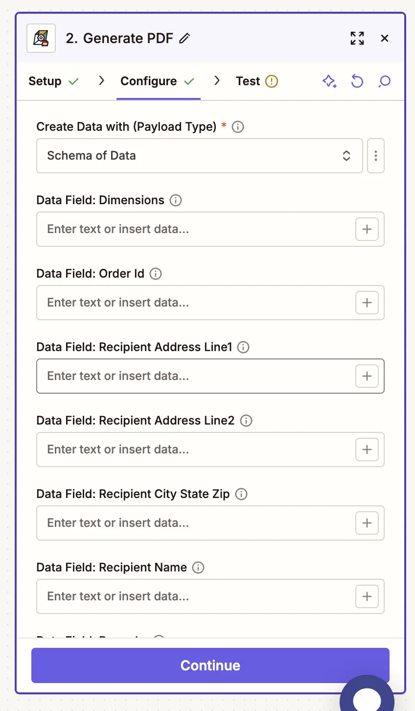 Zapier field mapping for TemplateFox Generate PDF action showing template data fields