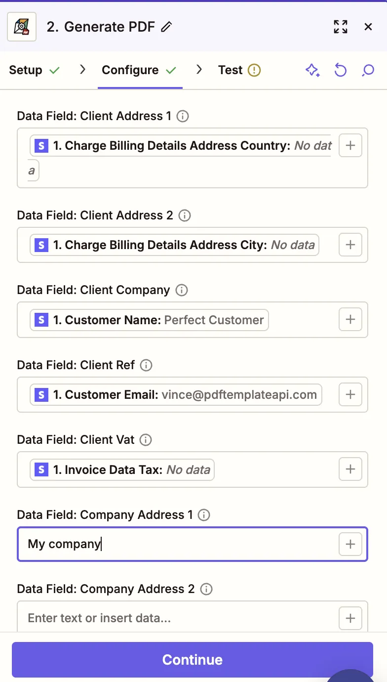 Zapier field mapping for TemplateFox Generate PDF action showing Stripe data