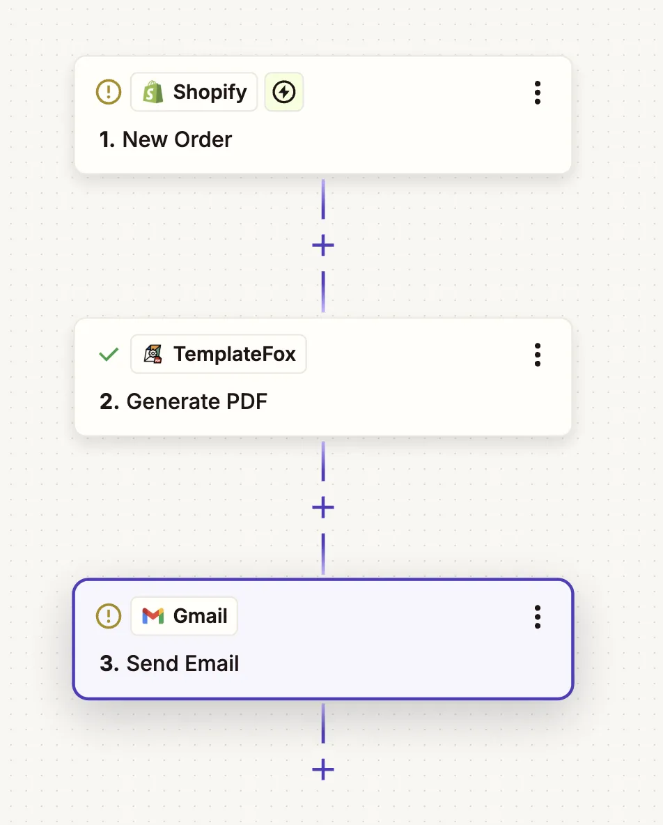 Complete Zapier workflow: Shopify New Order → TemplateFox Generate PDF → Gmail Send Email