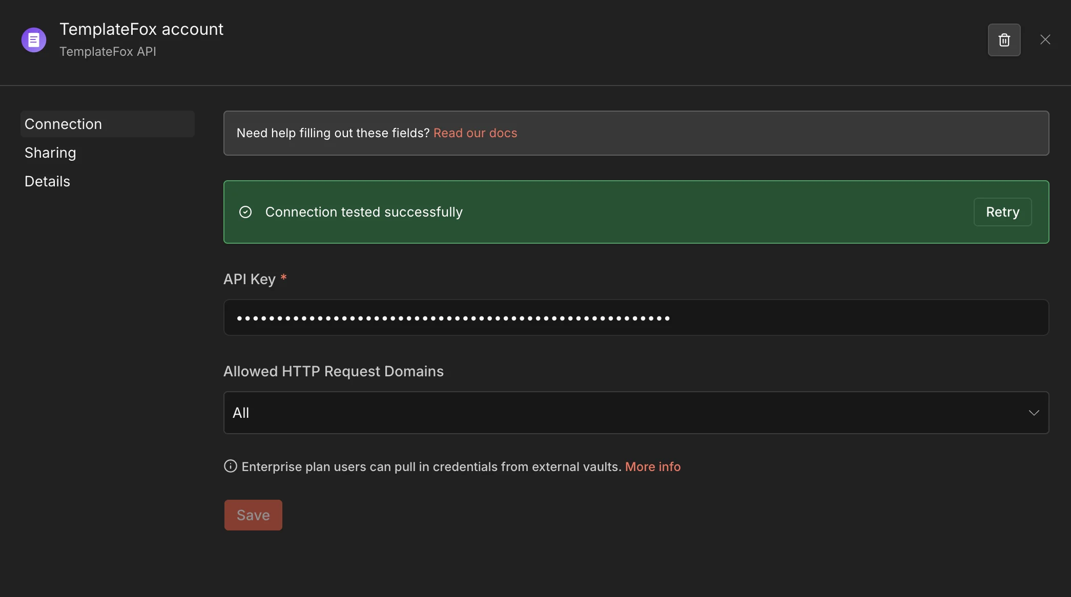 TemplateFox API credential in n8n with a successful connection test