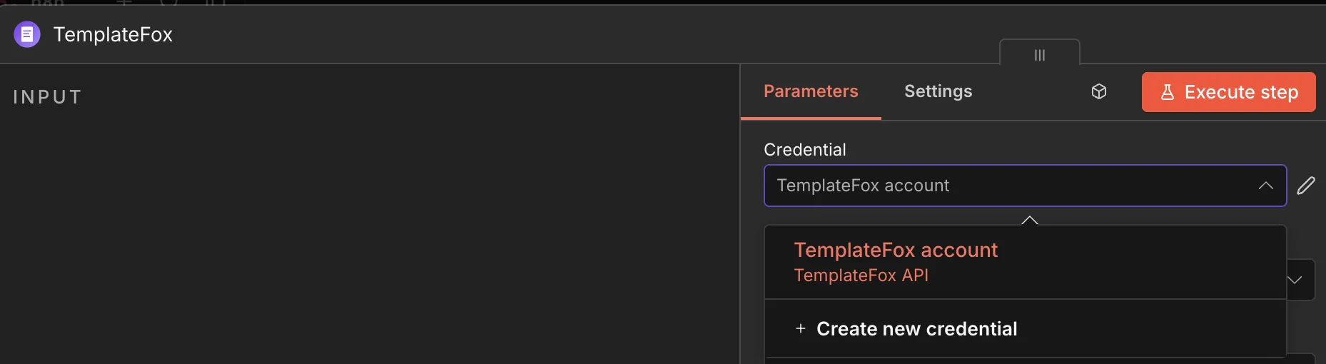 Selecting the TemplateFox account credential on a TemplateFox node in n8n