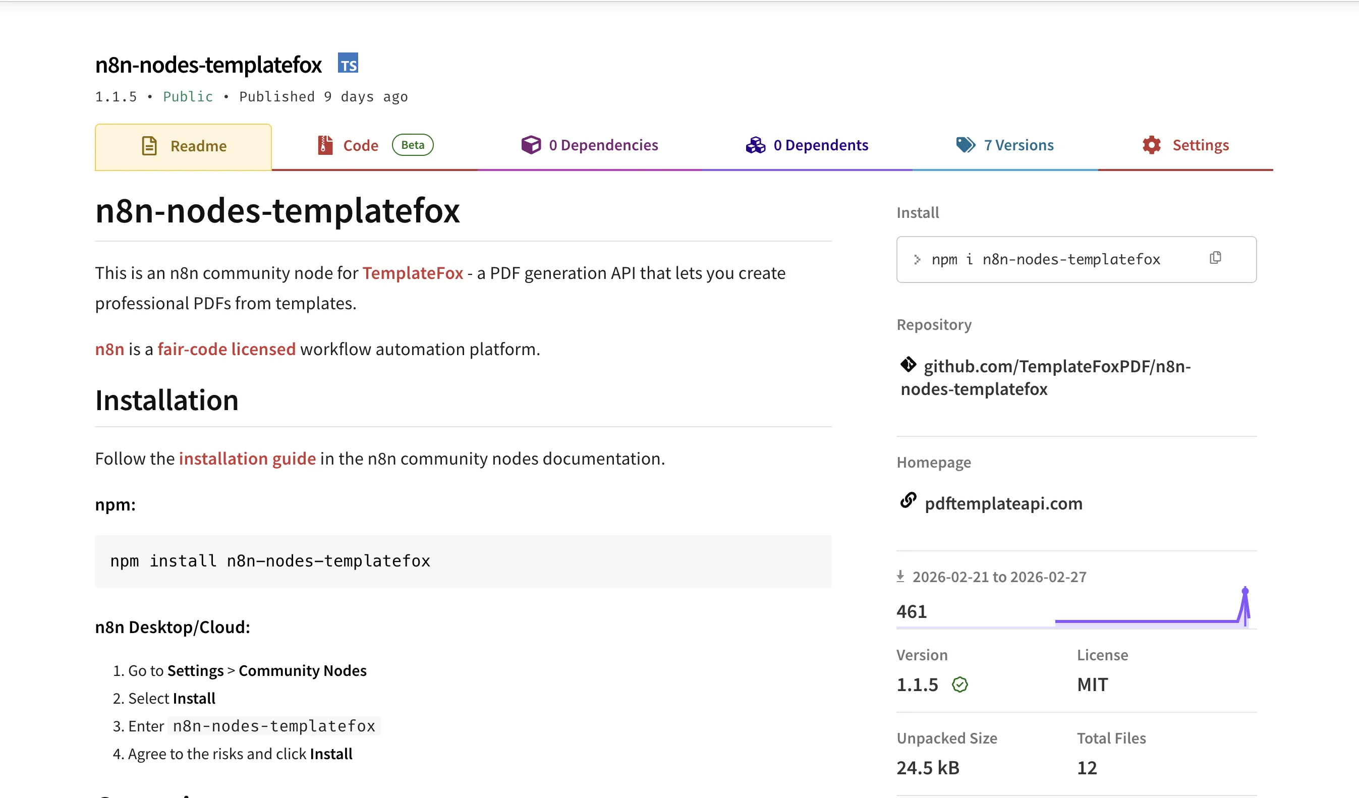 n8n-nodes-templatefox community node package on npm