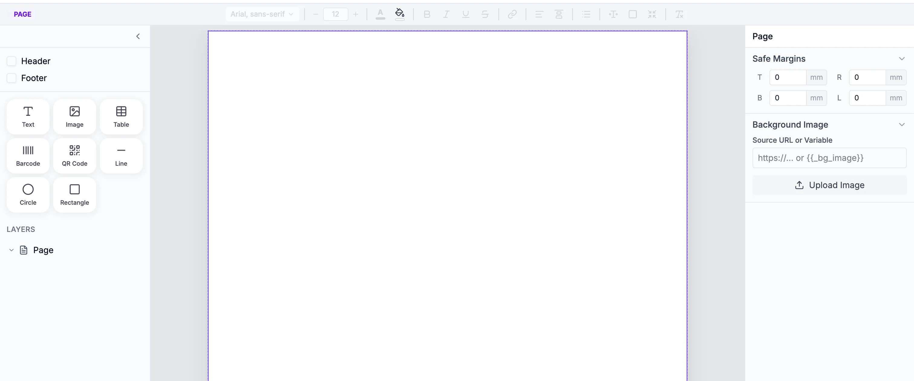 Fixed page editor with Safe Margins and Background Image in the right panel