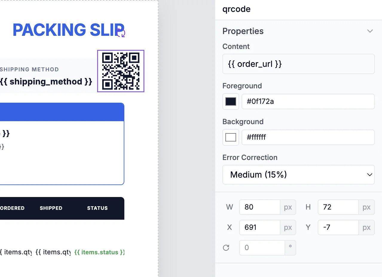 QR Code element with a dynamic variable in the Content field